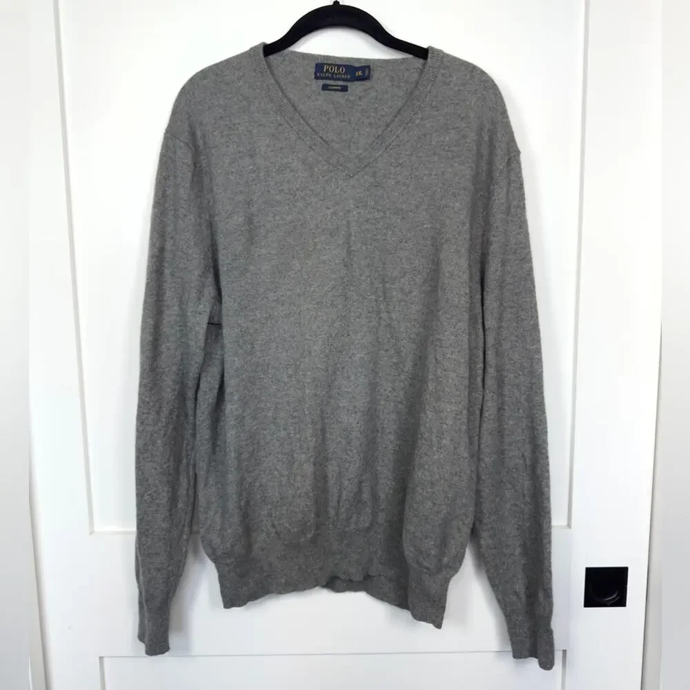 Polo Ralph Lauren Grey Cashmere Long Sleeve V Neck Sweater Size XXL